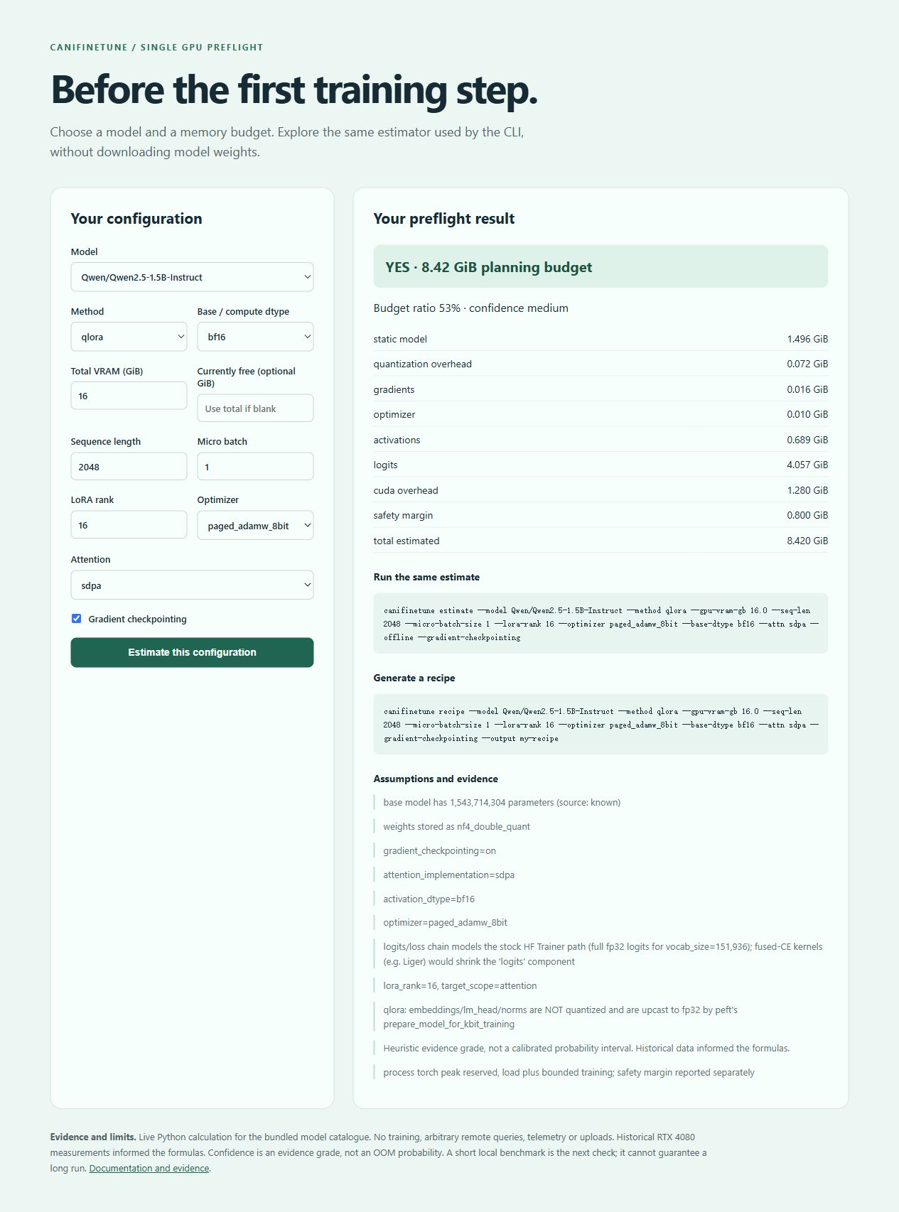 Local interactive preflight: configuration, memory breakdown and matching commands